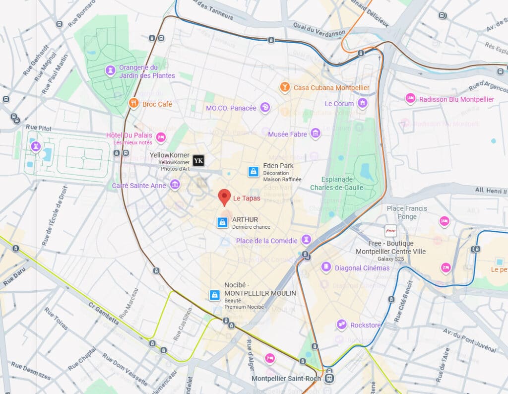 Carte de Montpellier centre, centrée sur la Place de la Comédie, indiquant des lieux comme Le Tapas, Hôtel du Palais, Musée Fabre et l'Esplanade Charles-de-Gaulle.